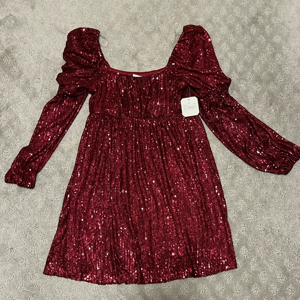 Altard state burgundy sequin babydoll mini dress
